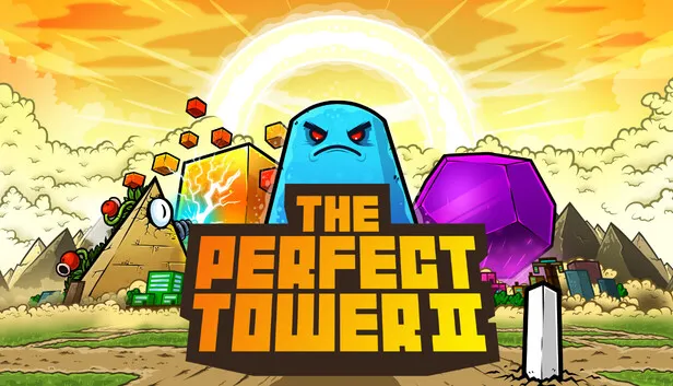 The Perfect Tower II: a giant blue blob, a pyramid and a purple crystal over a town
